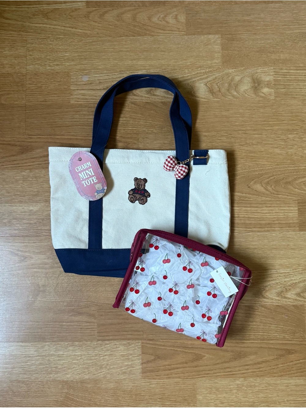 Cream Canvas Mini Tote with Navy Straps and Bear Patch